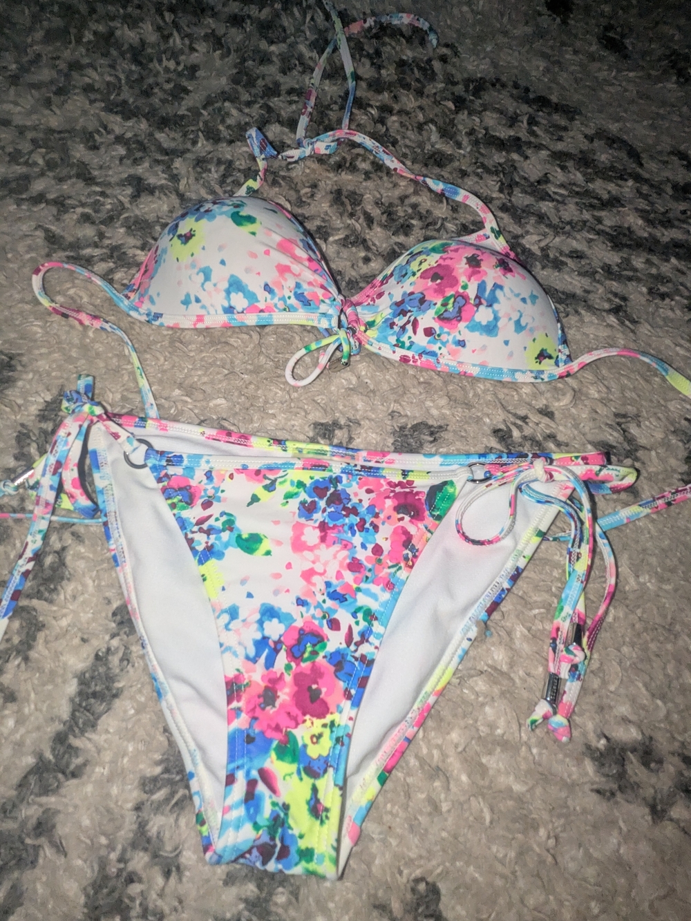 Express White Floral Tie-Side Bikini with Pink, Blue & Green Accents